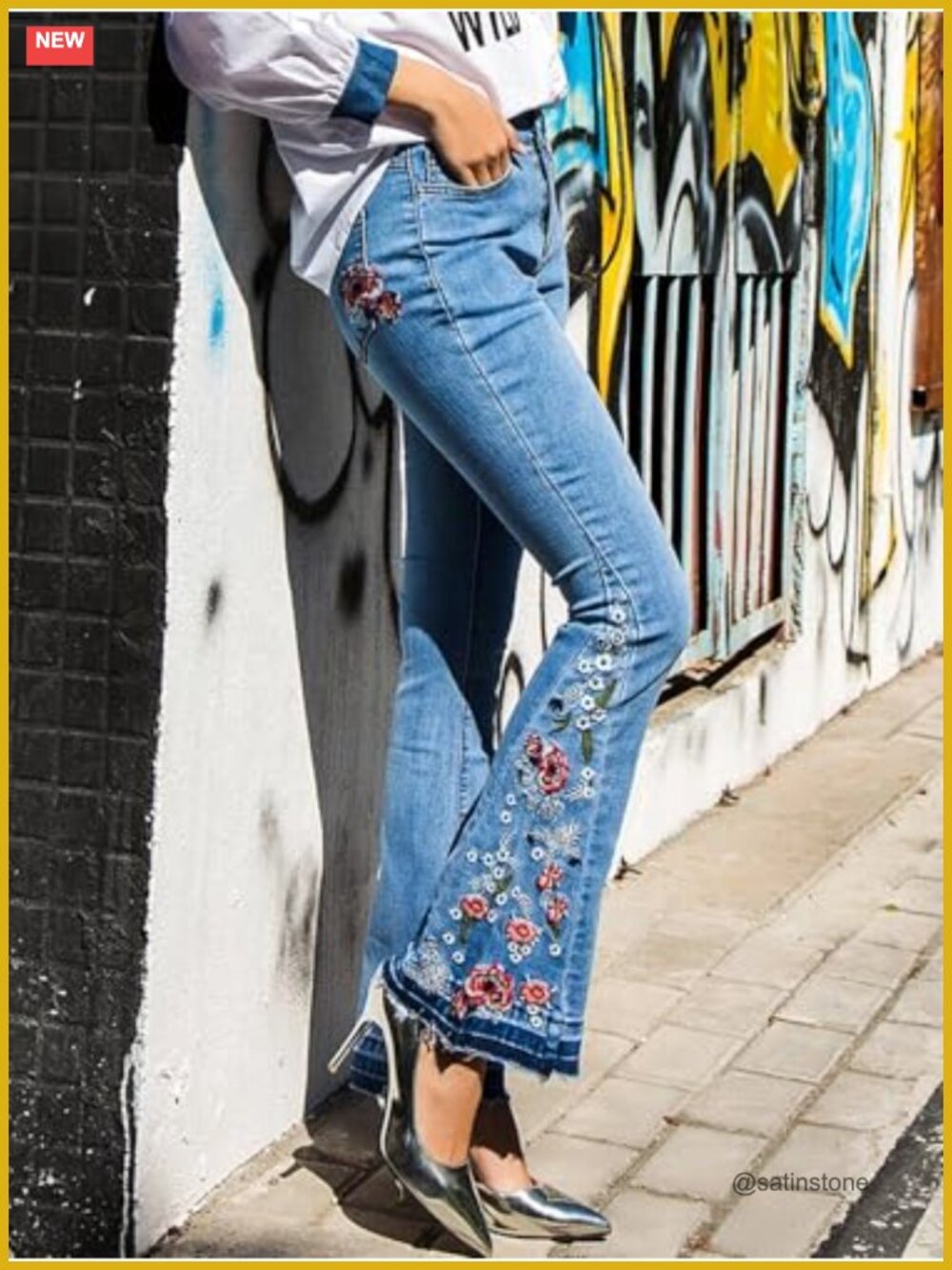 Boho Floral Embroidered Bell Bottom Jeans High Waist Retro 70s Stretch Denim - Picture 2 of 6